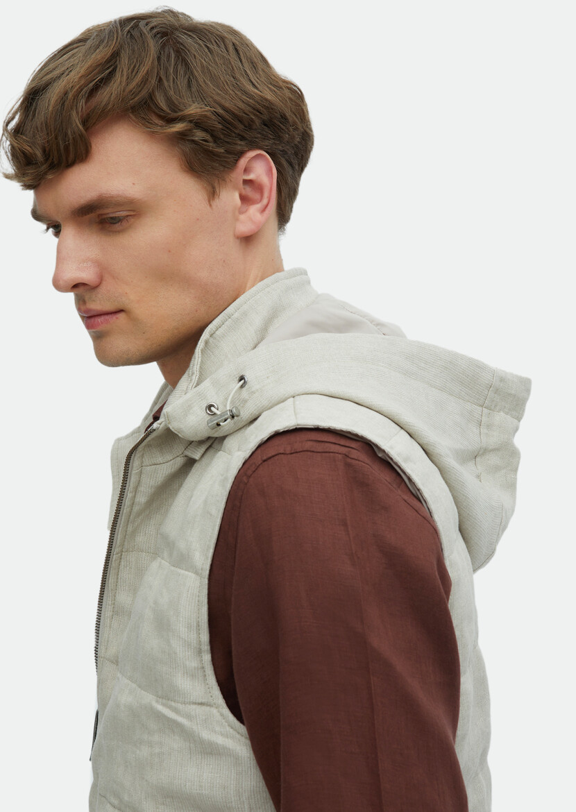 Ecru Regular Fit Casual Weaving Removable Hood Puffer Vest - 4