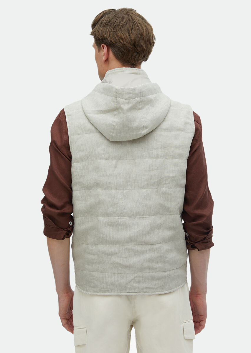 Ecru Regular Fit Casual Weaving Removable Hood Puffer Vest - 7