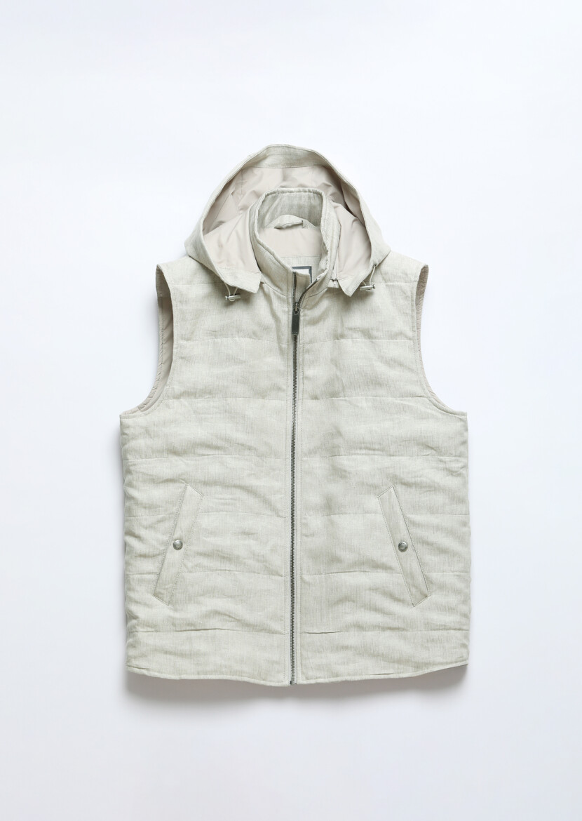 Ecru Regular Fit Casual Weaving Removable Hood Puffer Vest - 8