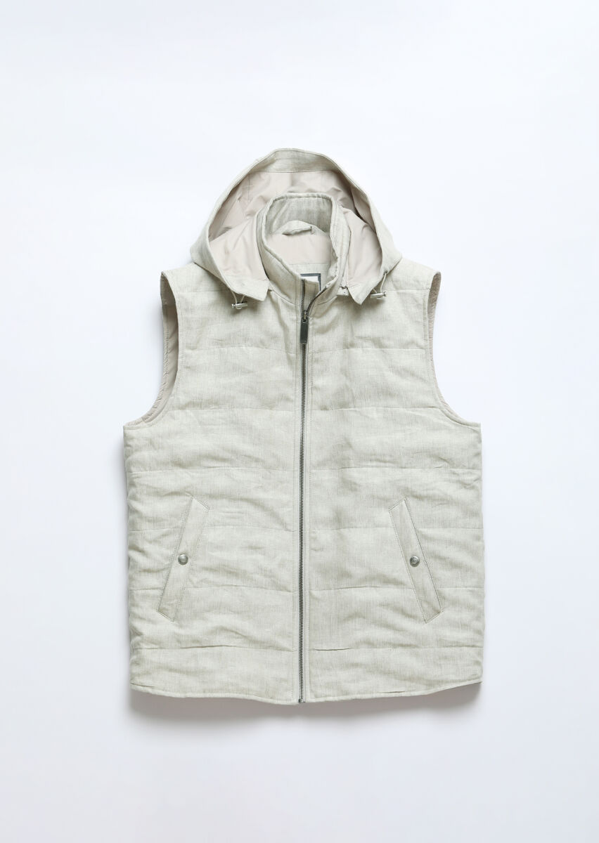 Ecru Regular Fit Casual Weaving Removable Hood Puffer Vest - 8