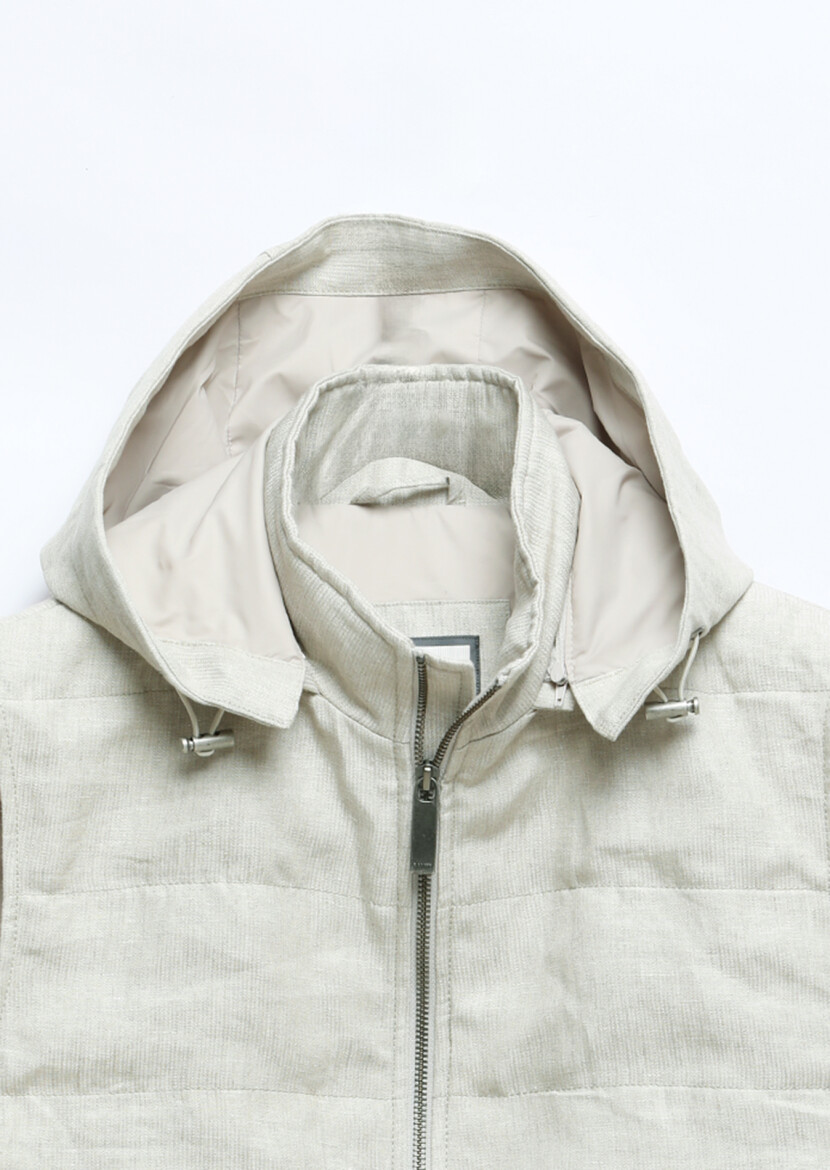 Ecru Regular Fit Casual Weaving Removable Hood Puffer Vest - 9