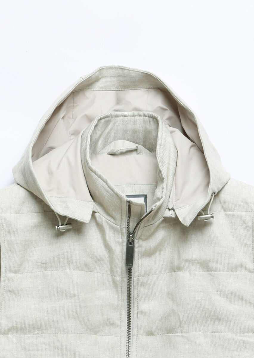 Ecru Regular Fit Casual Weaving Removable Hood Puffer Vest - 9
