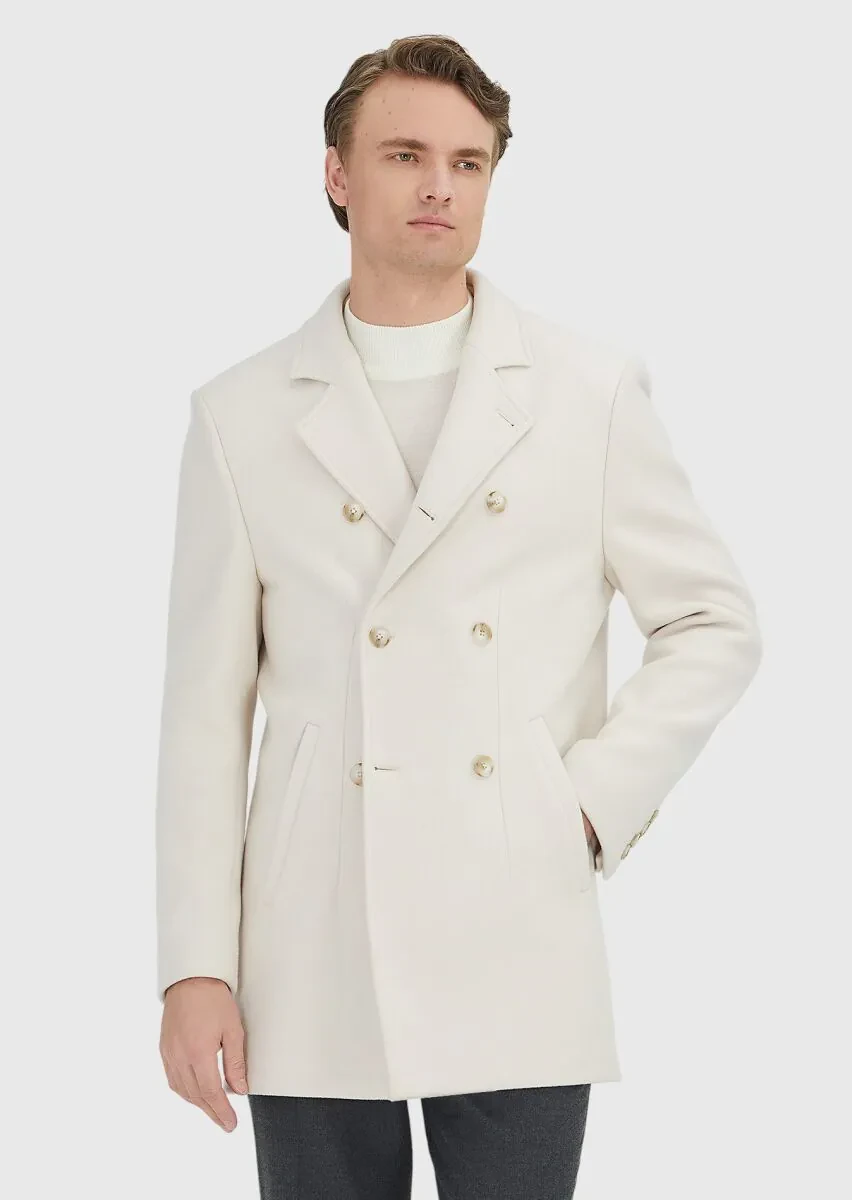 Ecru Regular Fit Double Breasted Collar Casual Weaving Coat - 1