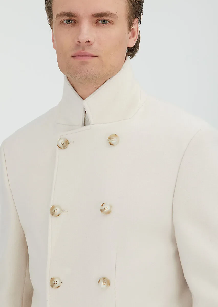 Ecru Regular Fit Double Breasted Collar Casual Weaving Coat - 3