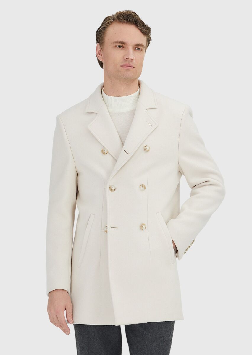 Ecru Regular Fit Double Breasted Collar Casual Weaving Coat - 1