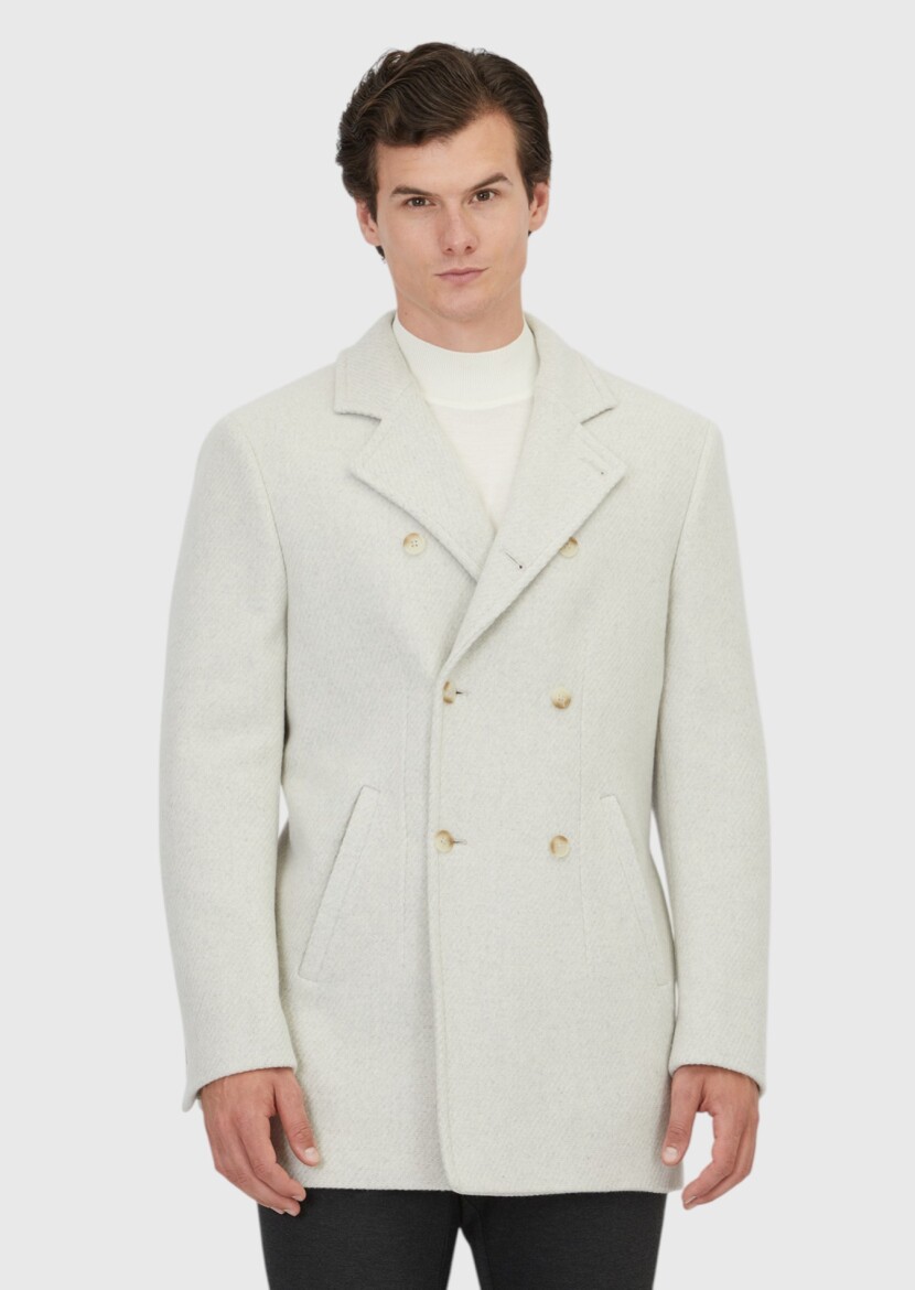 Ecru Regular Fit Double Breasted Collar Casual Weaving Coat - RAMSEY