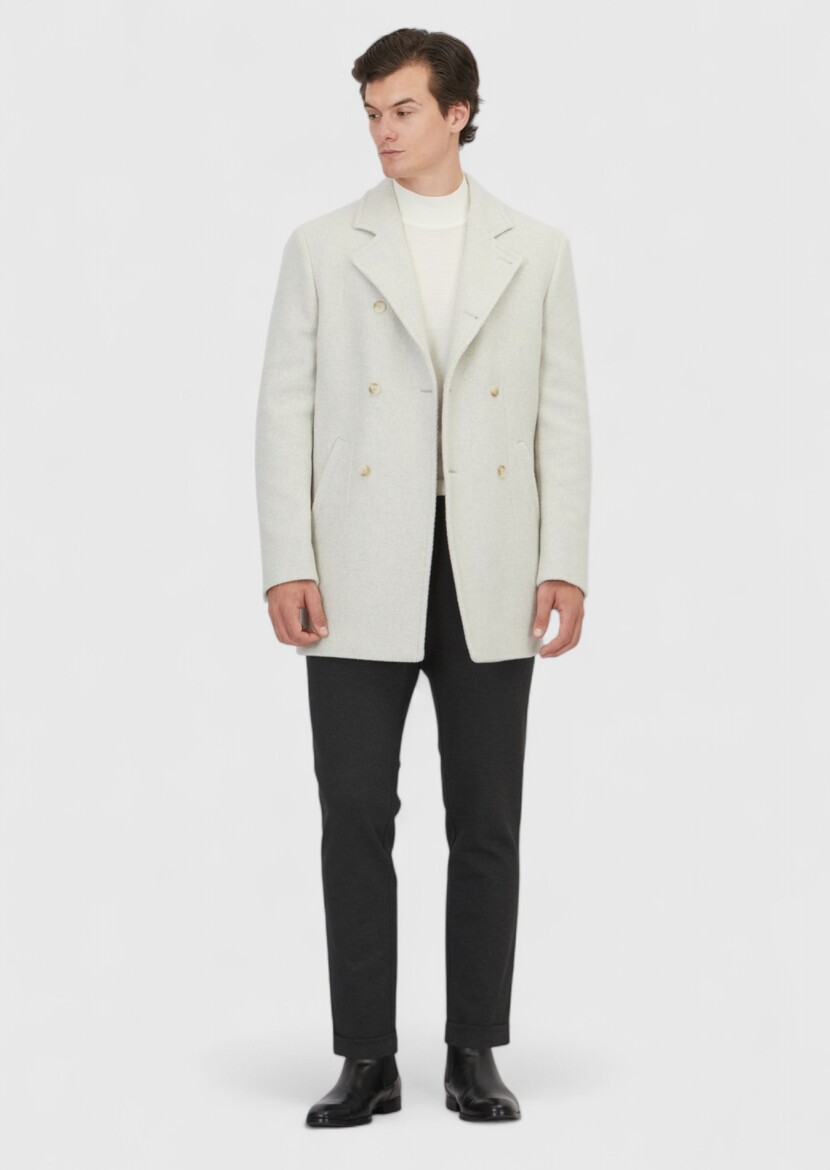 Ecru Regular Fit Double Breasted Collar Casual Weaving Coat - RAMSEY