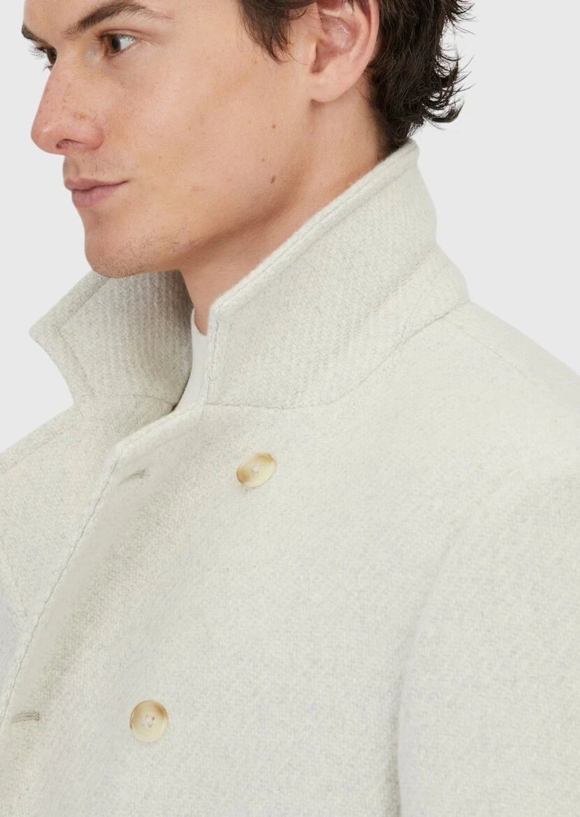 Ecru Regular Fit Double Breasted Collar Casual Weaving Coat - 4