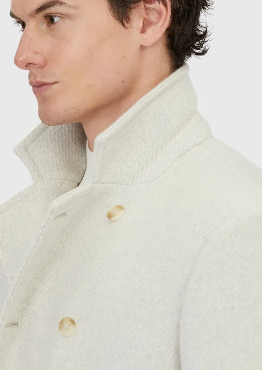 Ecru Regular Fit Double Breasted Collar Casual Weaving Coat - 4