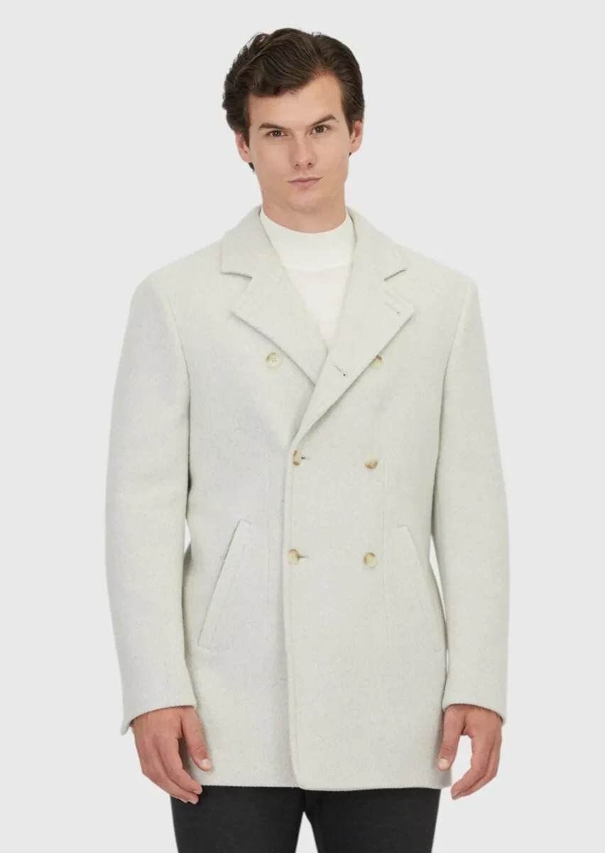Ecru Regular Fit Double Breasted Collar Casual Weaving Coat - 1