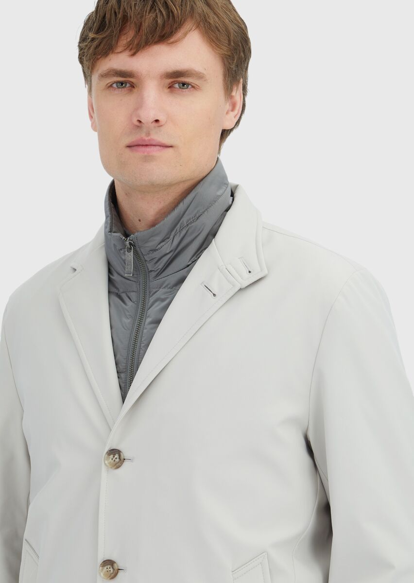 Ecru Regular Fit Double Breasted Collar Casual Weaving Rain Coat - 3