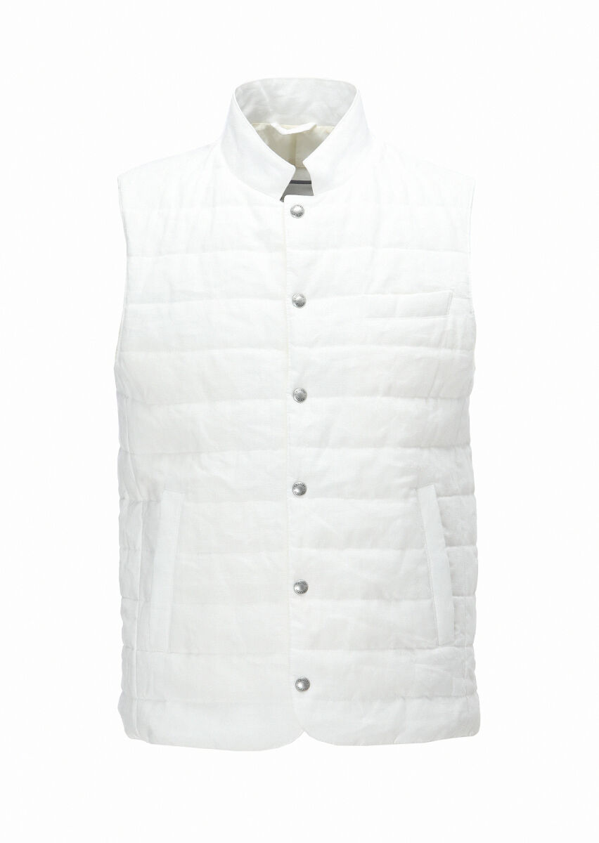 Ecru Regular Fit Mandarin Collar Casual Weaving Puffer Vest - 1
