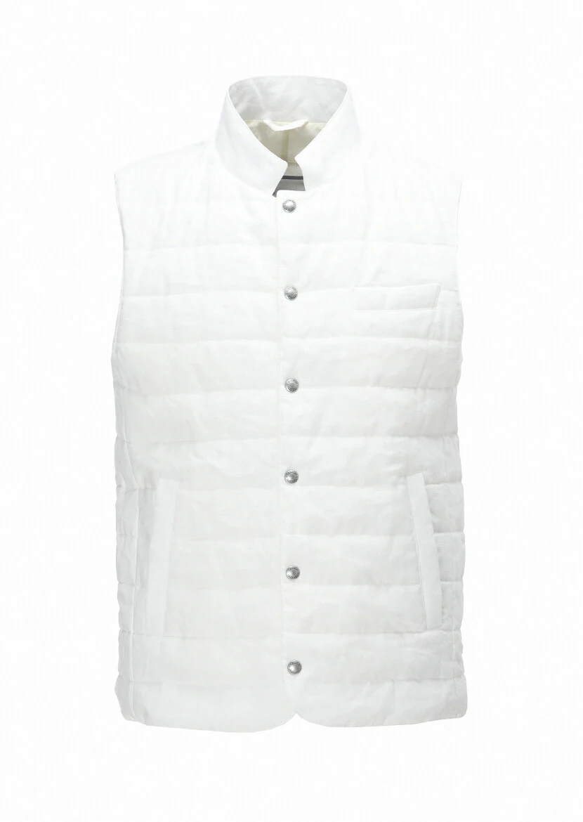 Ecru Regular Fit Mandarin Collar Casual Weaving Puffer Vest - 6