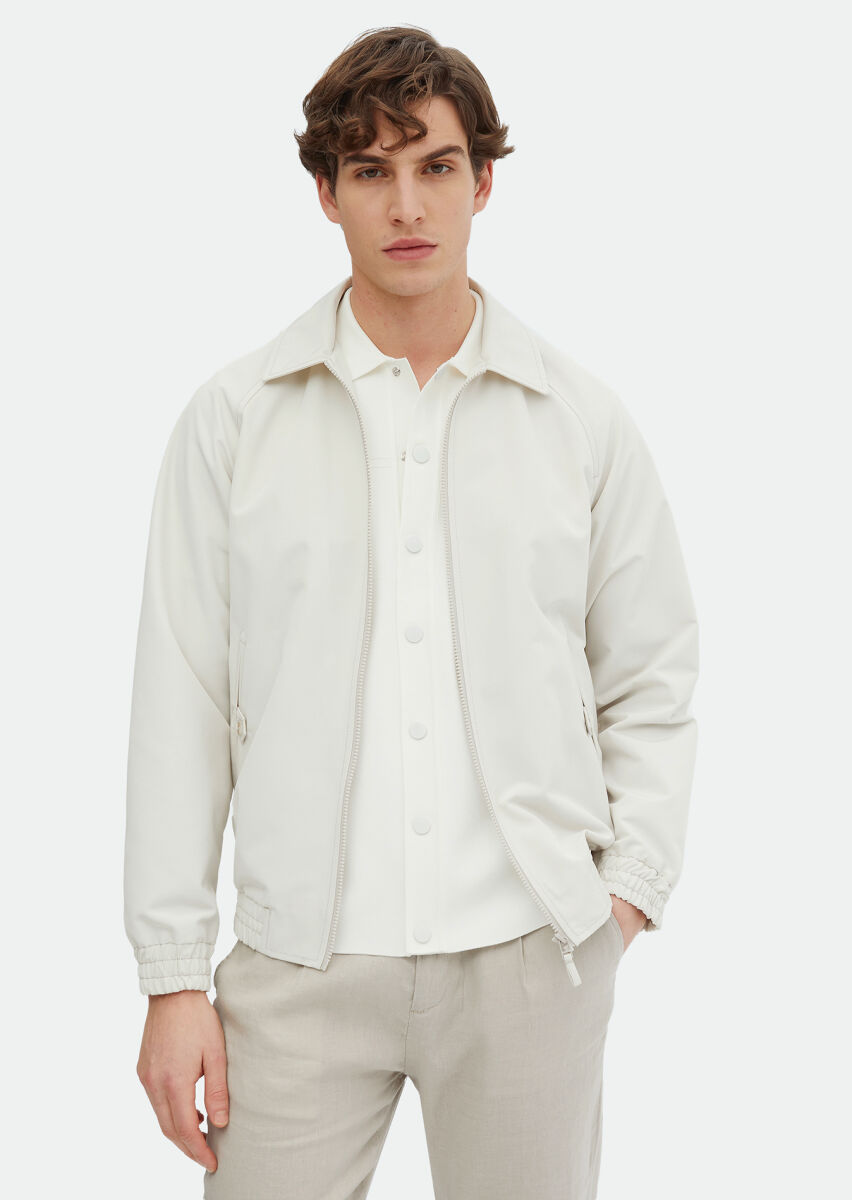 Ecru Regular Fit Shirt Collar Casual Weaving Coat - 1