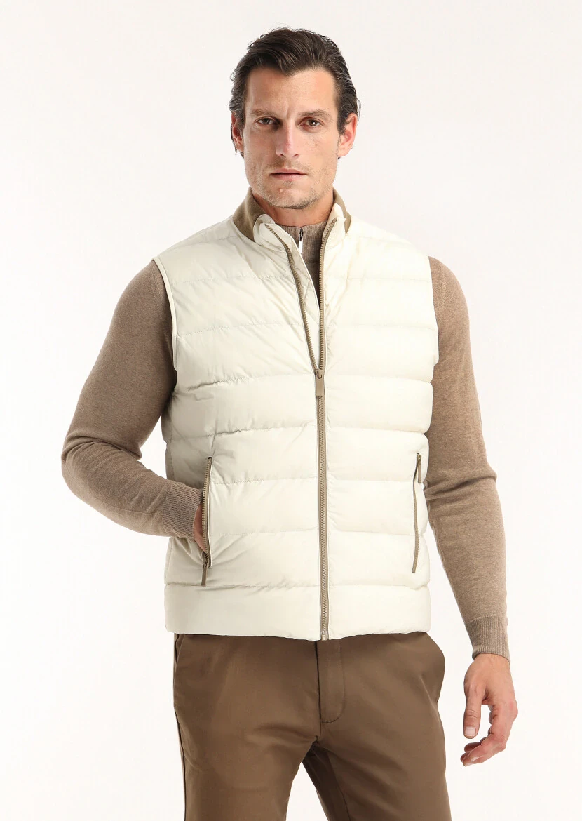 Ecru Regular Fit Turtleneck Casual Weaving Puffer Vest - 2