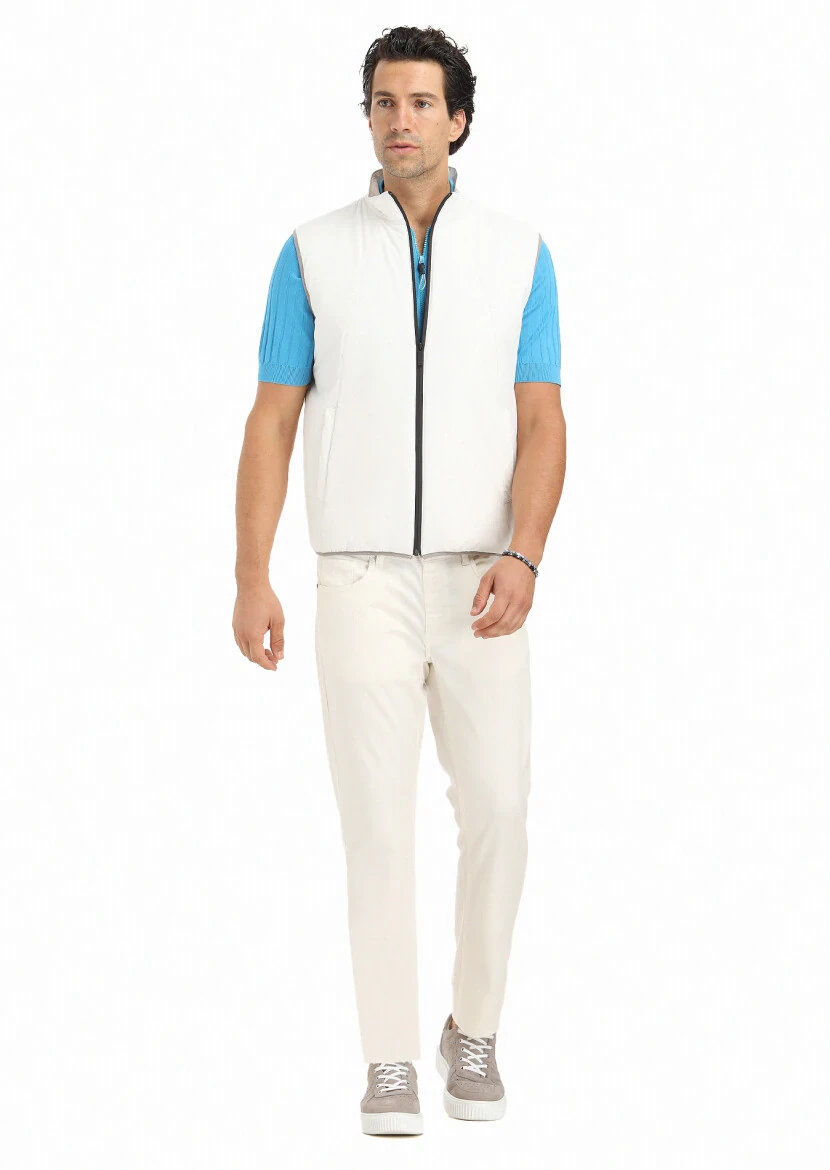 Ecru Regular Fit Turtleneck Casual Weaving Puffer Vest - RAMSEY