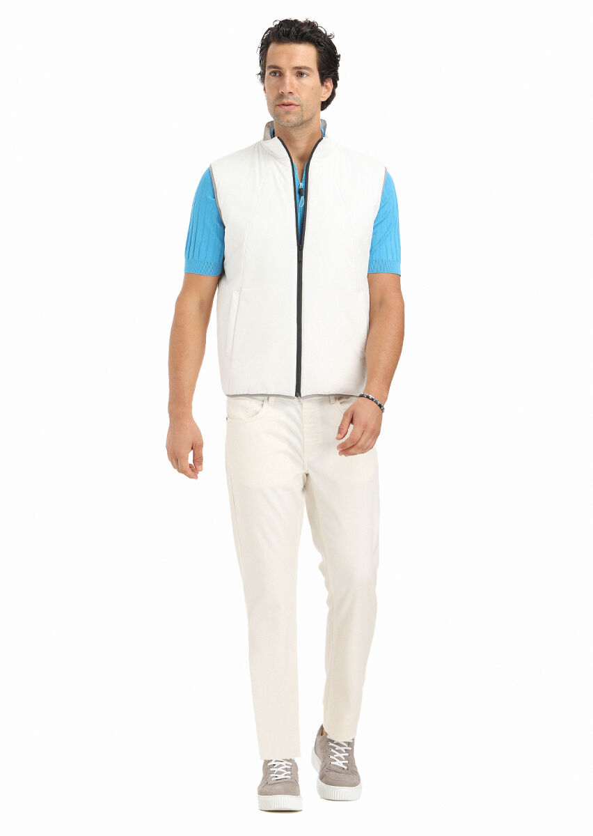 Ecru Regular Fit Turtleneck Casual Weaving Puffer Vest - 1