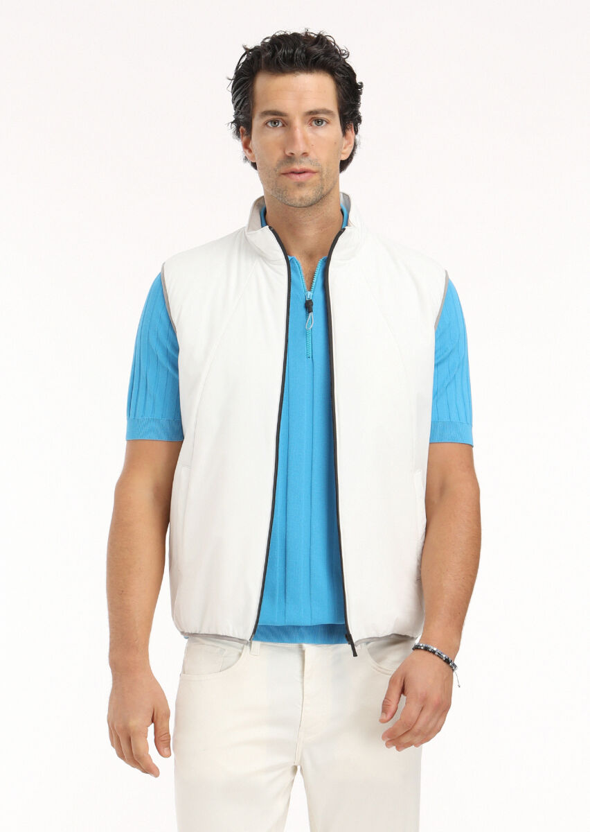 Ecru Regular Fit Turtleneck Casual Weaving Puffer Vest - 3