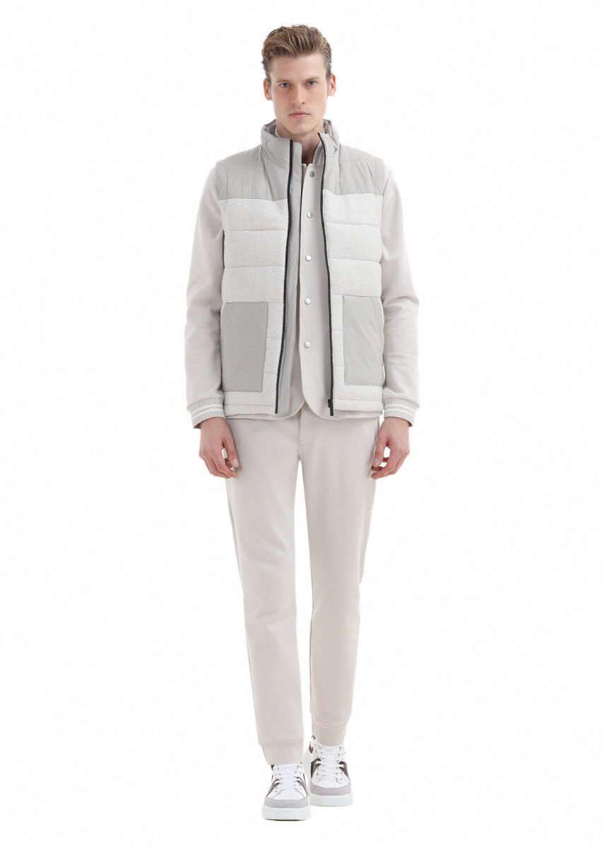 Ecru Regular Fit Turtleneck Casual Weaving Puffer Vest - 2