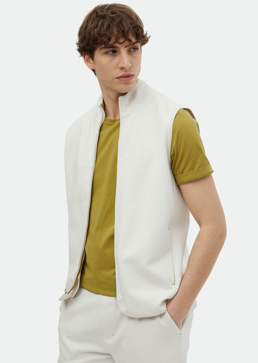 Ecru Regular Fit Turtleneck Sport Knitting Puffer Vest - 1