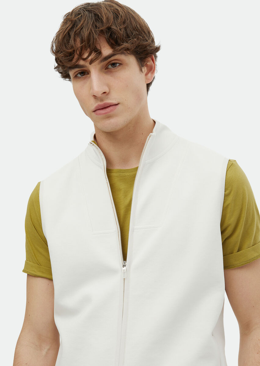 Ecru Regular Fit Turtleneck Sport Knitting Puffer Vest - 3