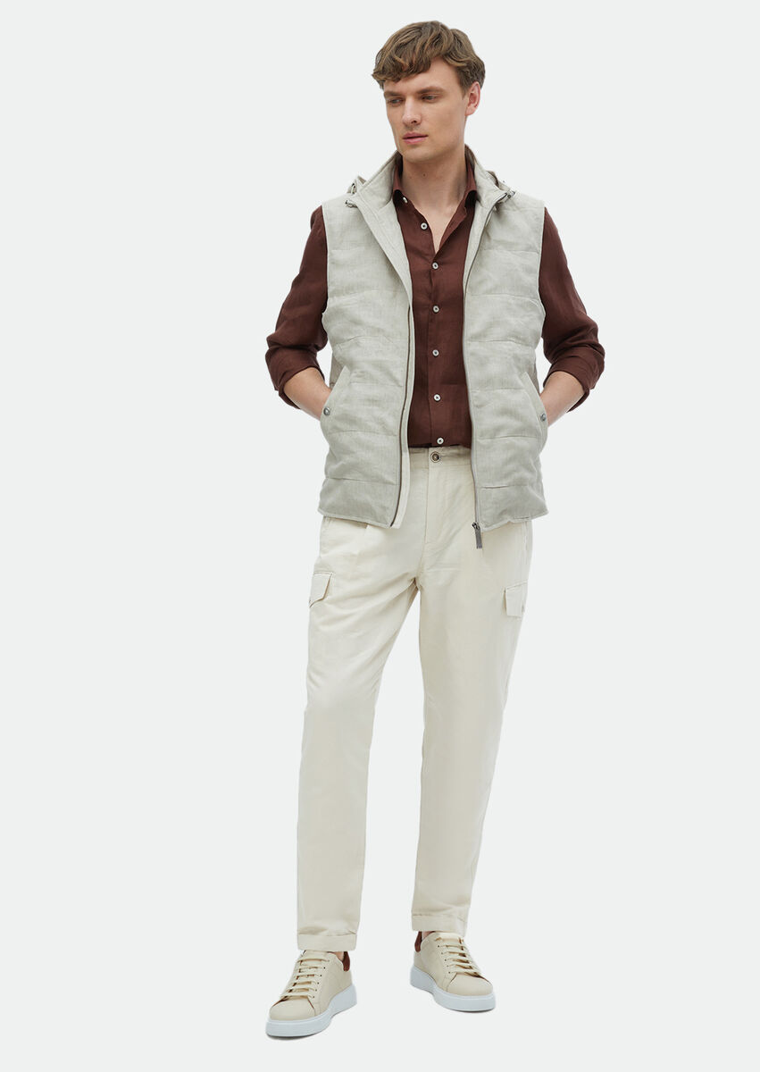 Ecru Removable Hood 100% Linen Weaving Puffer Vest - 2