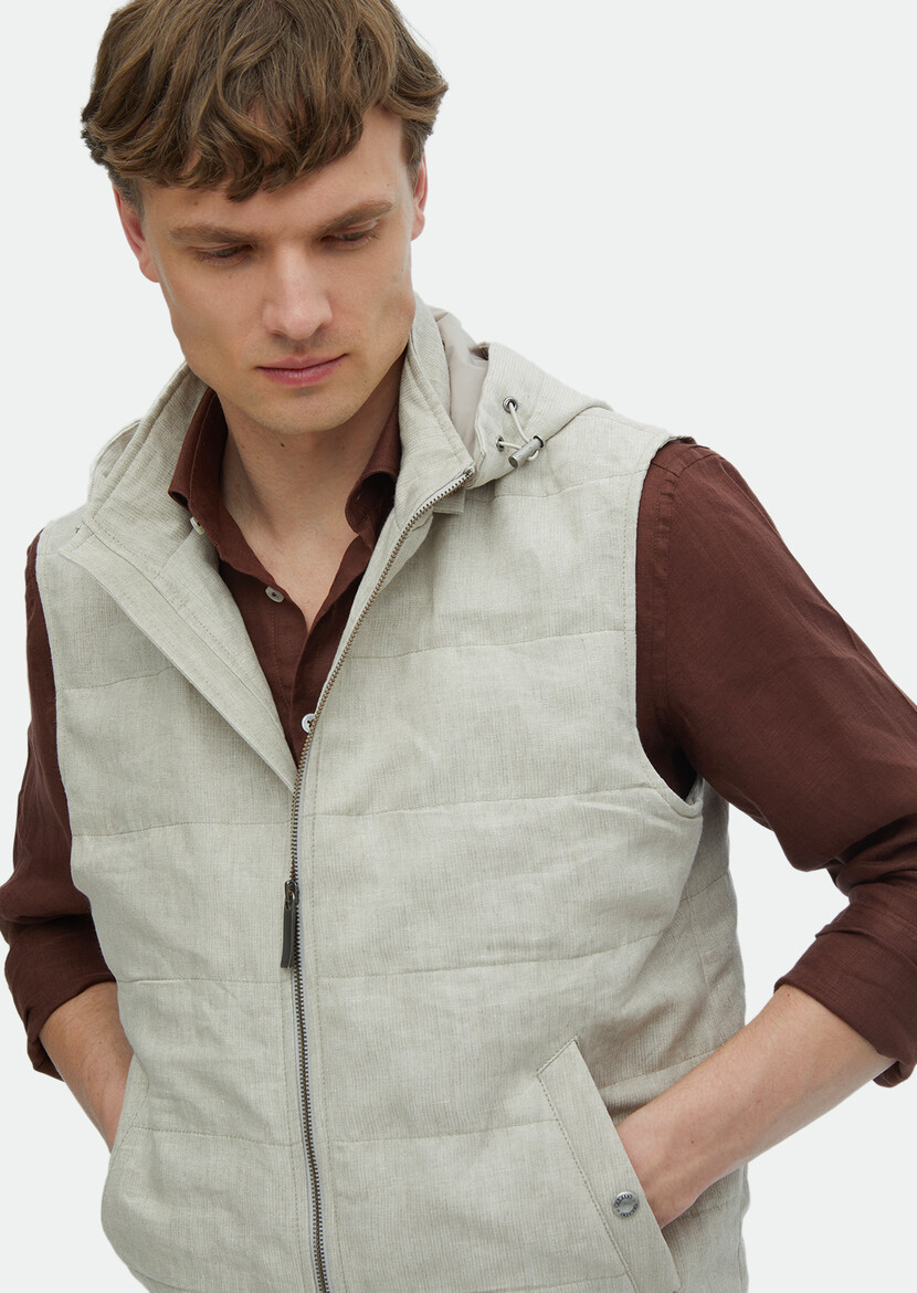 Ecru Removable Hood 100% Linen Weaving Puffer Vest - 3