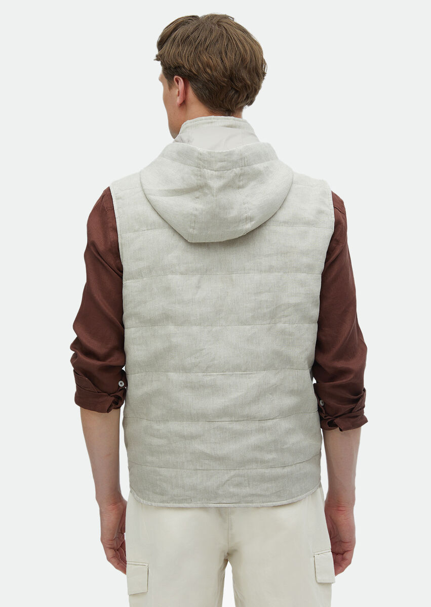 Ecru Removable Hood 100% Linen Weaving Puffer Vest - 7