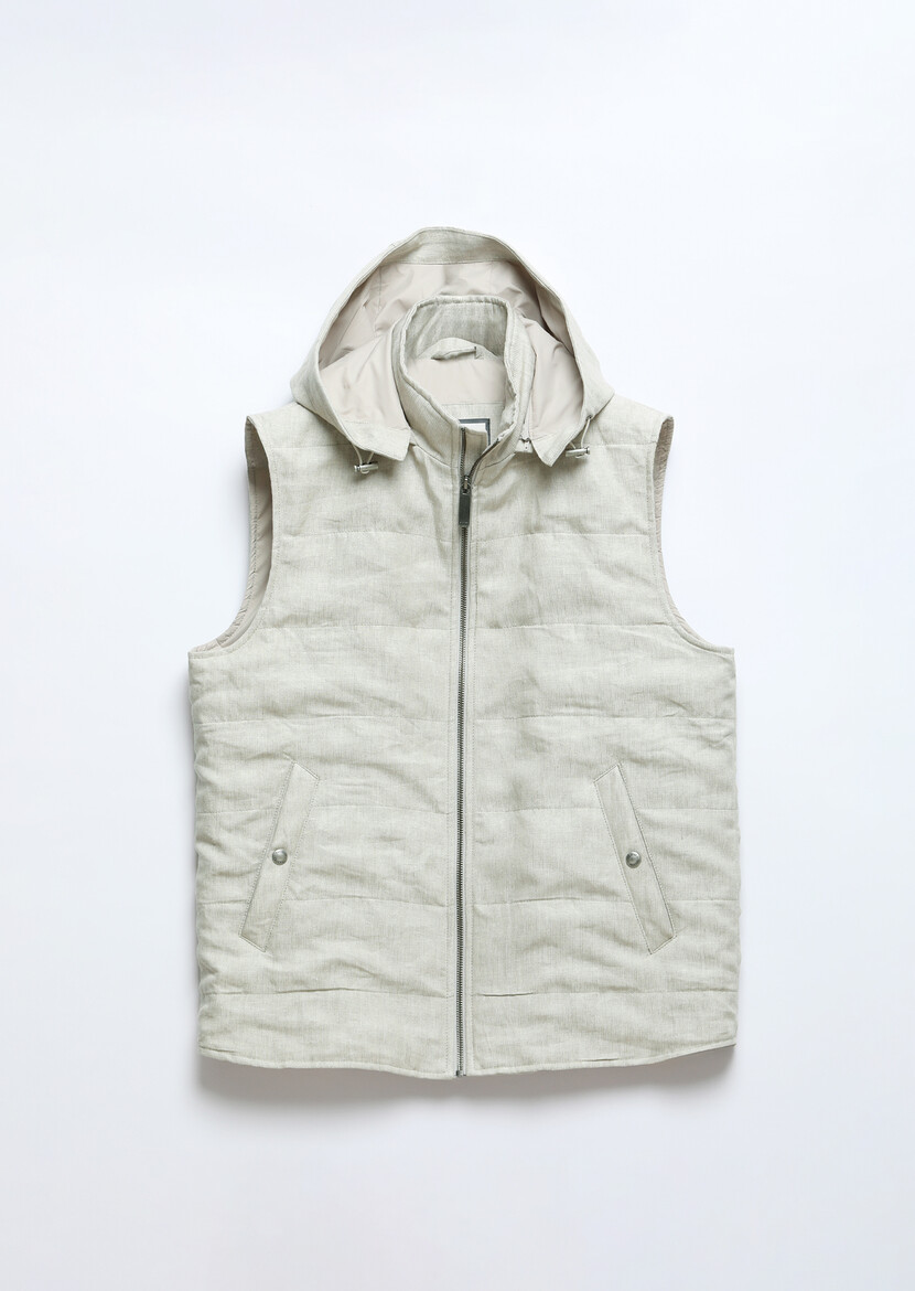 Ecru Removable Hood 100% Linen Weaving Puffer Vest - 8