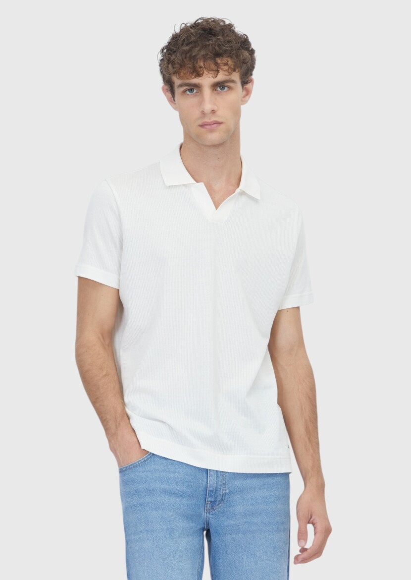 Ecru Ribbed 100% Cotton T-Shirt - 1