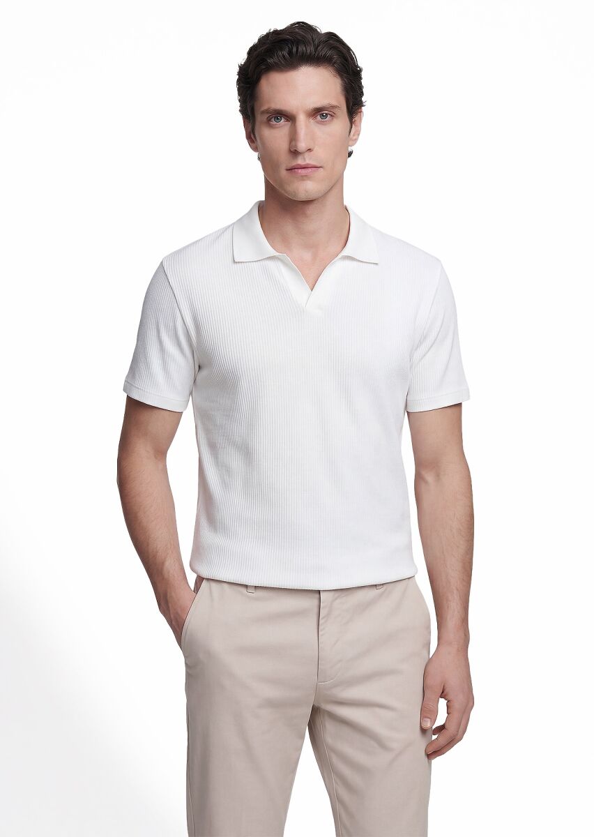 Ecru Ribbed 100% Cotton T-Shirt - 6