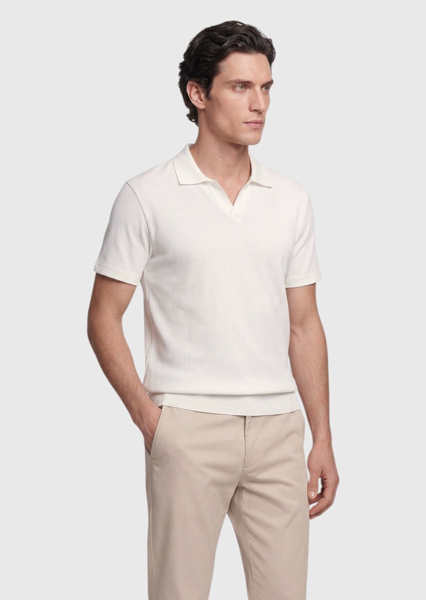 Ecru Ribbed 100% Cotton T-Shirt - RAMSEY