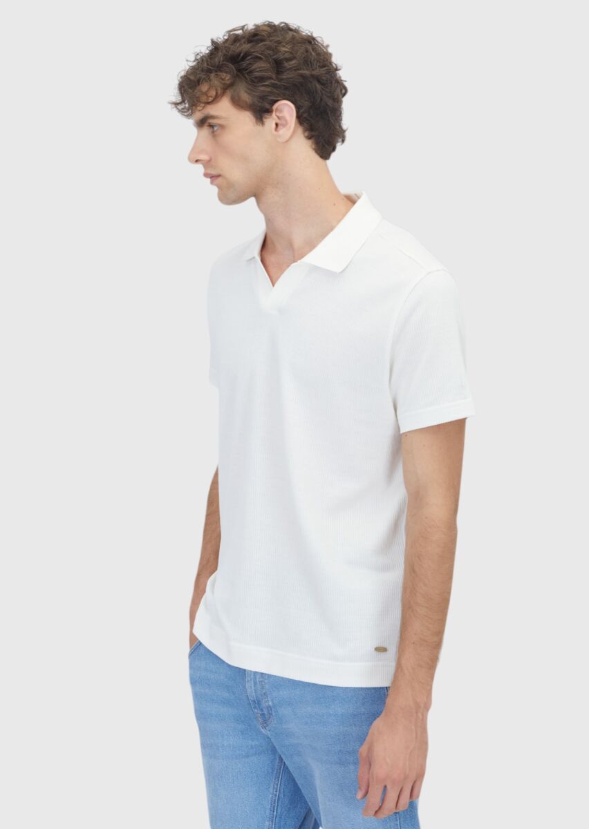 Ecru Ribbed 100% Cotton T-Shirt - 3