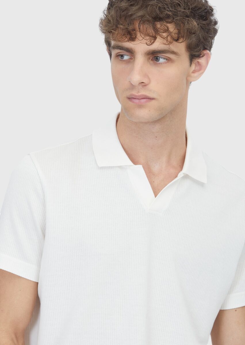 Ecru Ribbed 100% Cotton T-Shirt - 4