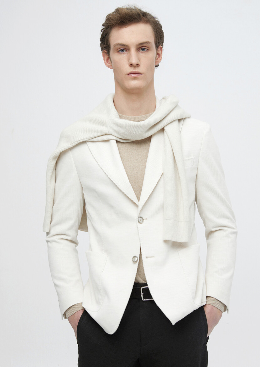 Ecru Ribbed Shirt Shoulder Slim Fit 100% Cotton Jacket - RAMSEY