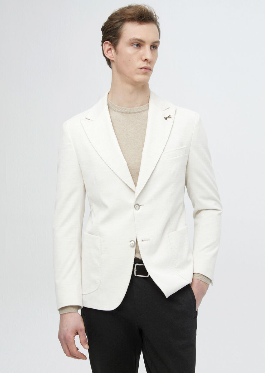 Ecru Ribbed Shirt Shoulder Slim Fit 100% Cotton Jacket - 2