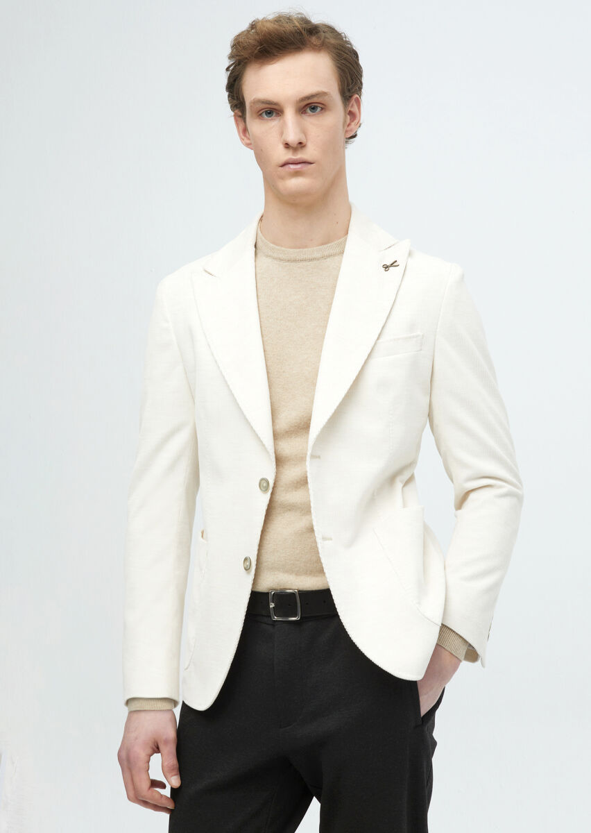 Ecru Ribbed Shirt Shoulder Slim Fit 100% Cotton Jacket - 4