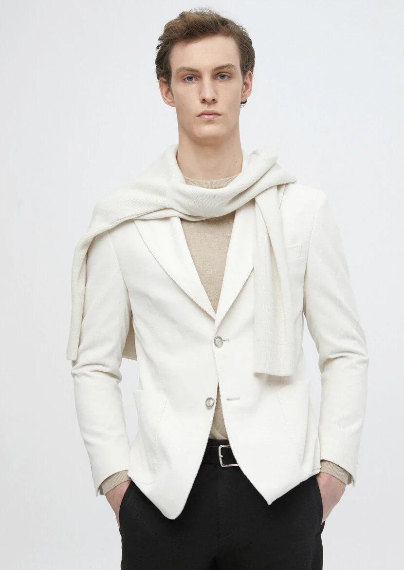 Ecru Ribbed Shirt Shoulder Slim Fit 100% Cotton Jacket - RAMSEY