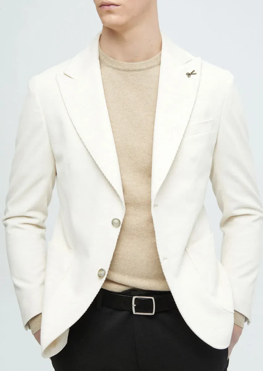 Ecru Ribbed Shirt Shoulder Slim Fit 100% Cotton Jacket - 5