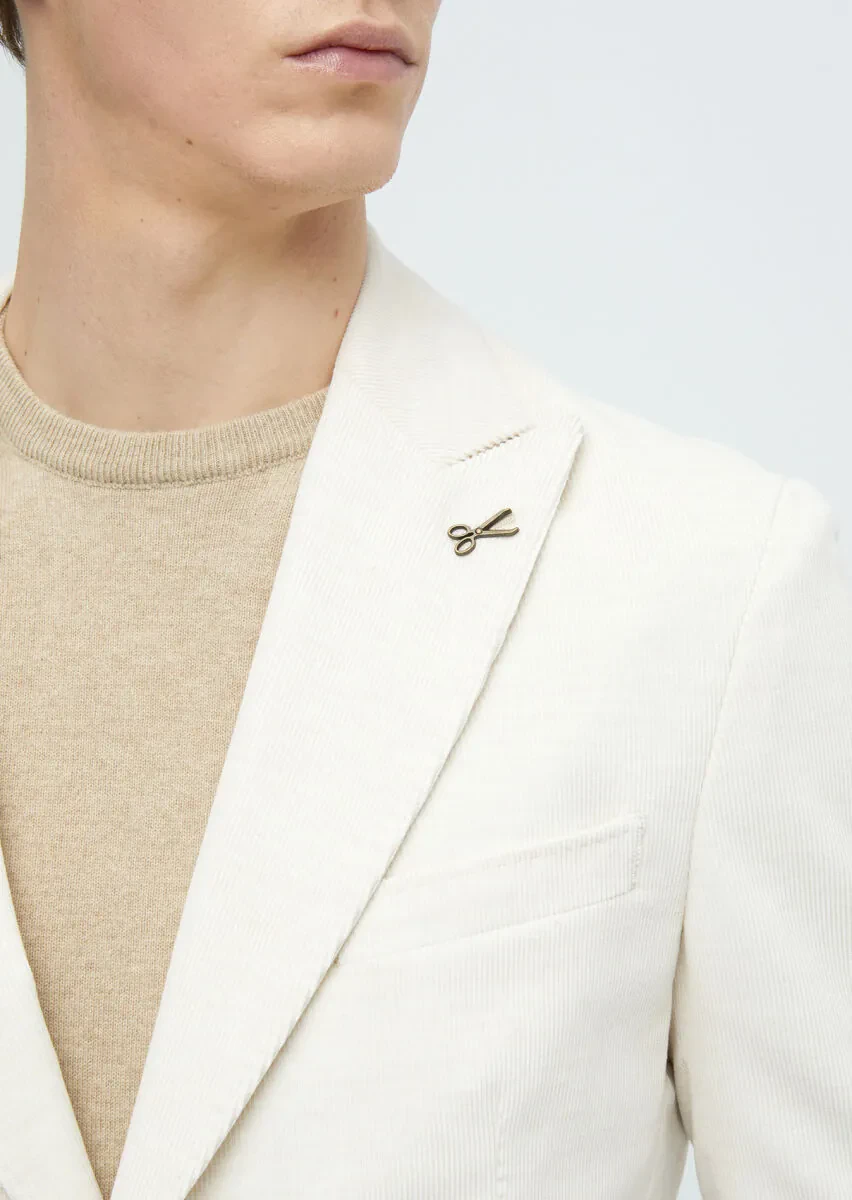 Ecru Ribbed Shirt Shoulder Slim Fit 100% Cotton Jacket - 6