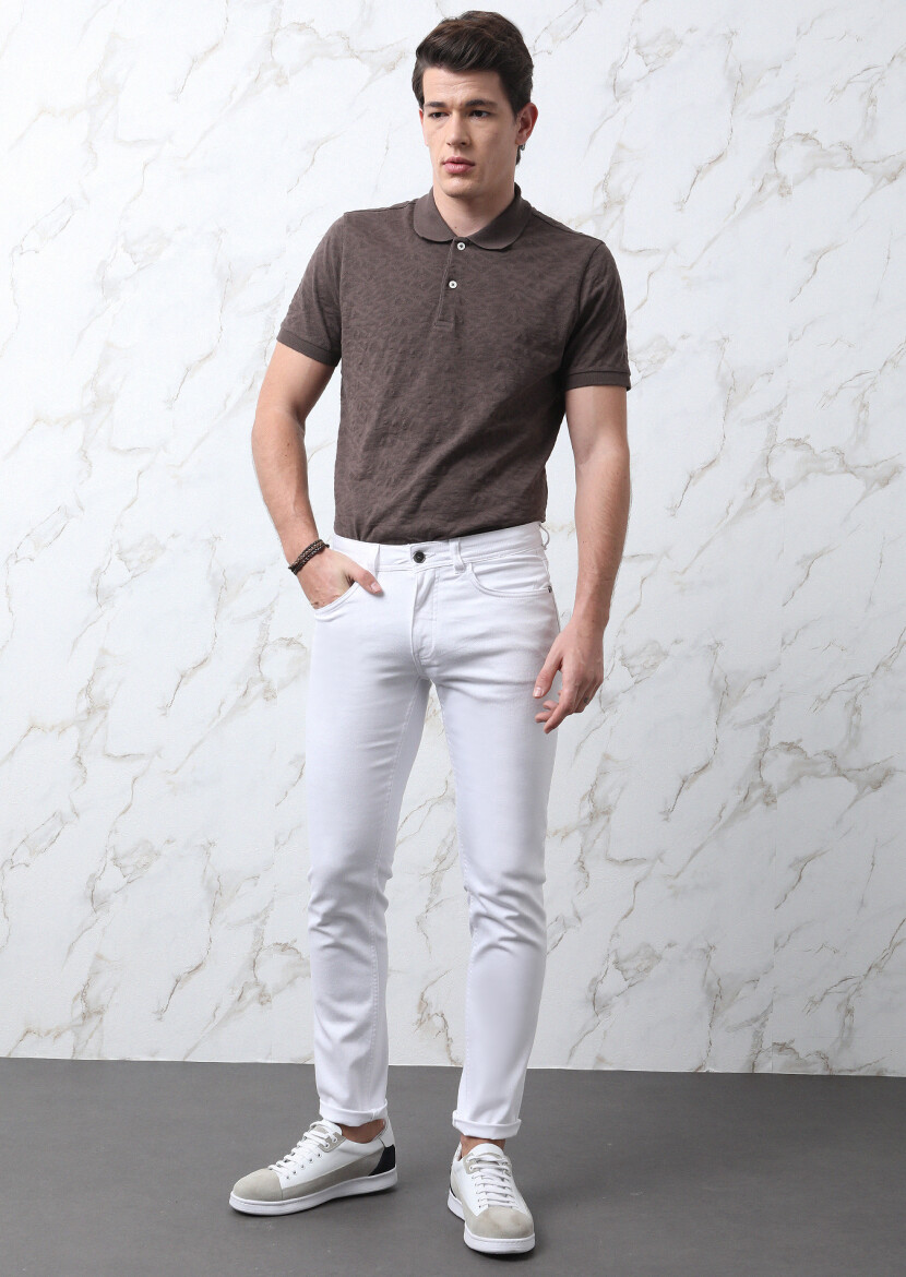 Ecru Slim Fit Denim Cotton Blended Trousers - 1