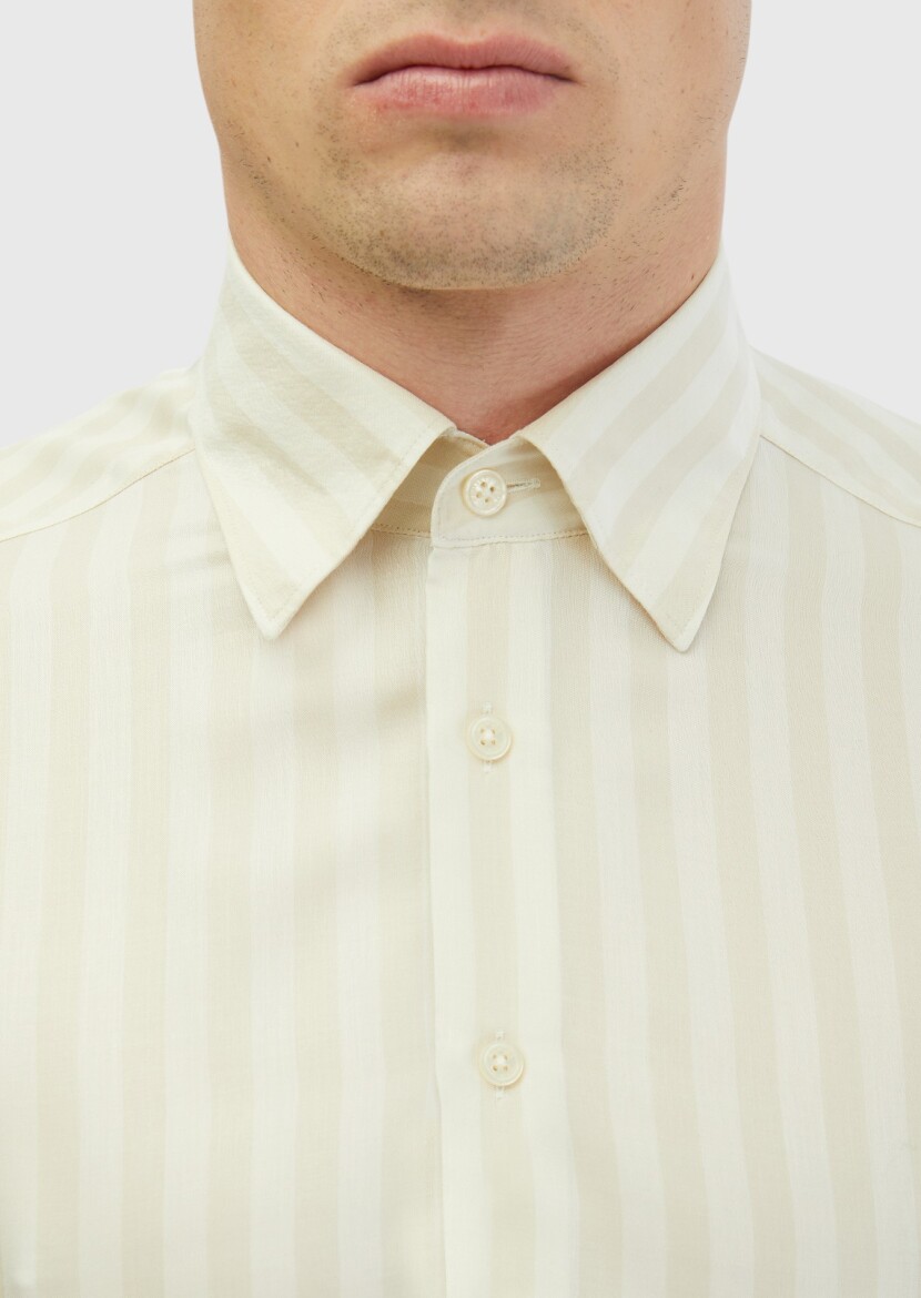 Ecru Striped Casual Fit Long Weaving Casual Cotton Blended Shirt - 4