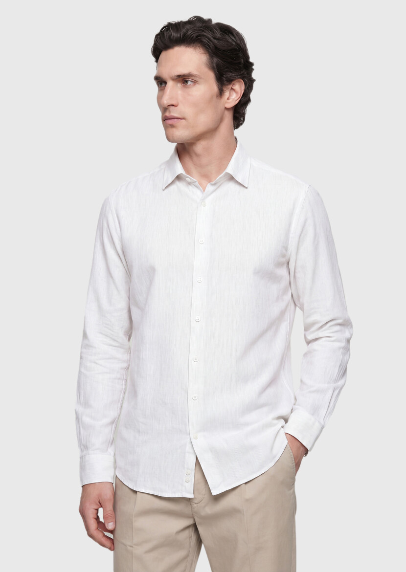 Ecru Striped Casual Fit Long Weaving Casual Cotton Blended Shirt 