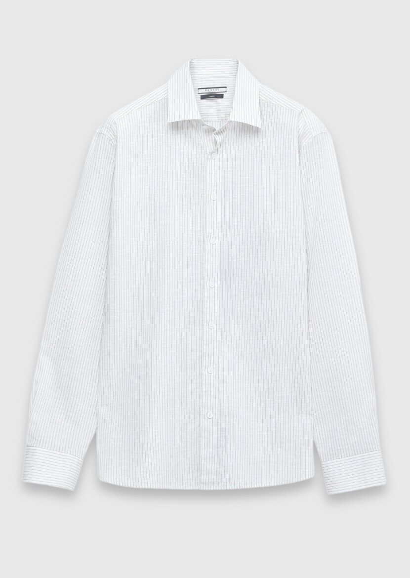 Ecru Striped Casual Fit Long Weaving Casual Cotton Blended Shirt - 5