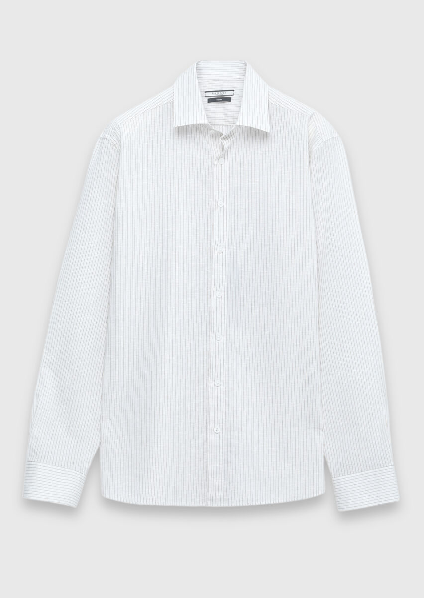 Ecru Striped Casual Fit Long Weaving Casual Cotton Blended Shirt - 5