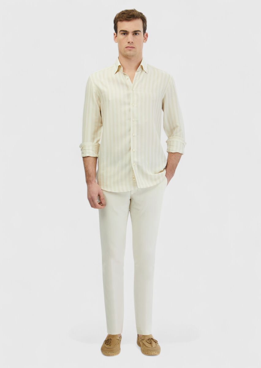 Ecru Striped Casual Fit Long Weaving Casual Shirt - 2