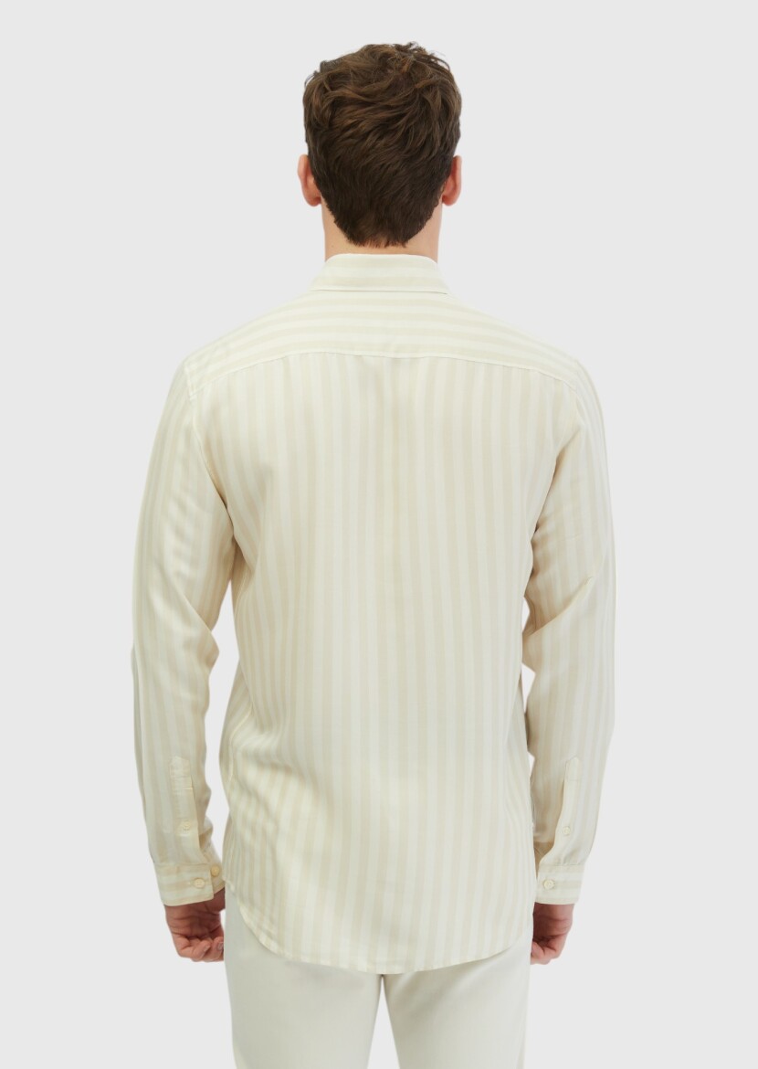Ecru Striped Casual Fit Long Weaving Casual Shirt - 5