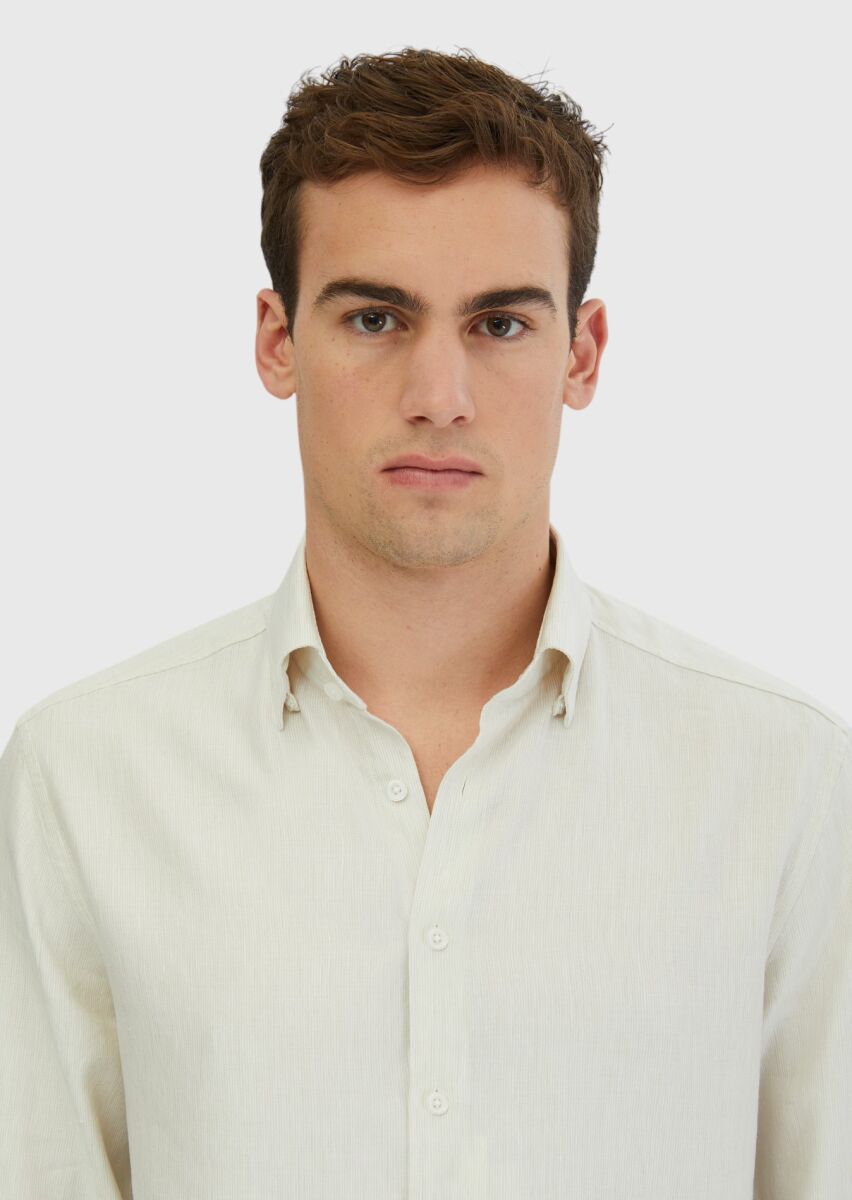 Ecru Striped Casual Fit Weaving Casual Cotton Blended Shirt - 2