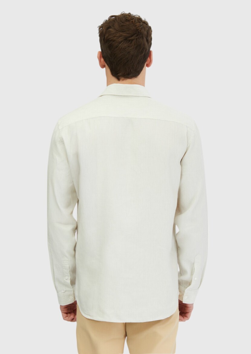 Ecru Striped Casual Fit Weaving Casual Cotton Blended Shirt - 4