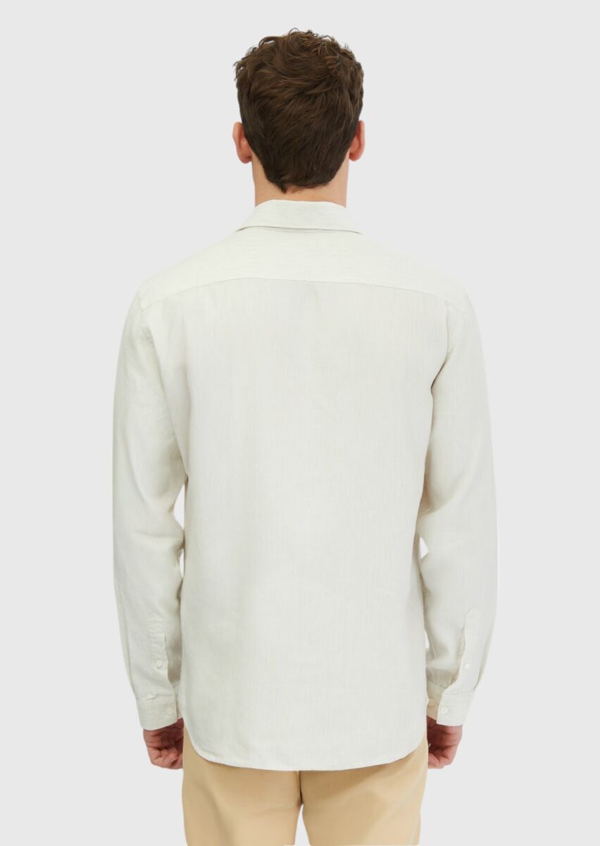 Ecru Striped Casual Fit Weaving Casual Cotton Blended Shirt - 4